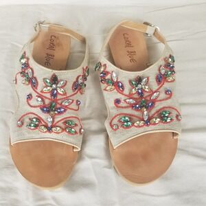 Coral Blue Slingback Sandals Womens 41 Beige Red Crystal Embellished Excellent